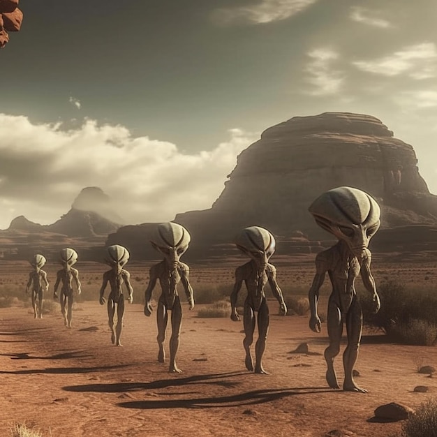 a group of people walking in front of a mountain.