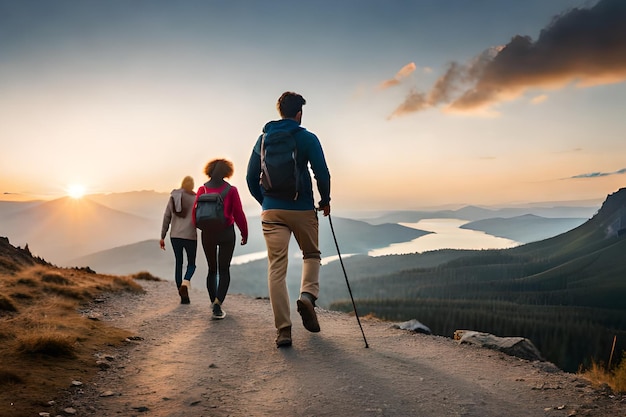 A group of people walking on a mountain trail with a view of a lake and mountains in the background