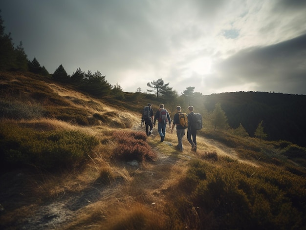 A group of people walking on a mountain trail