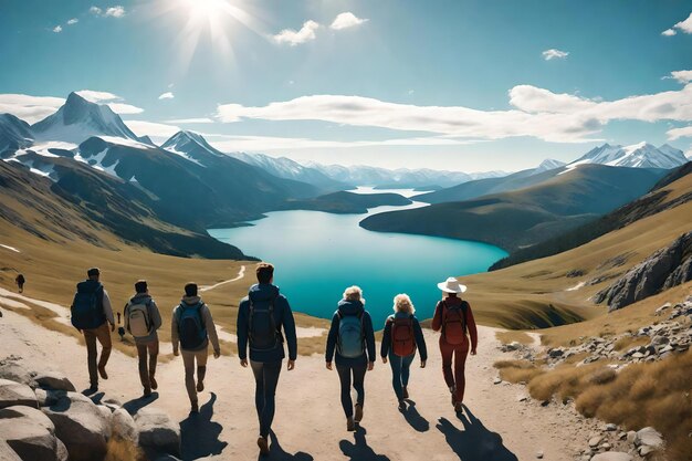 a group of people walking on a mountain trail