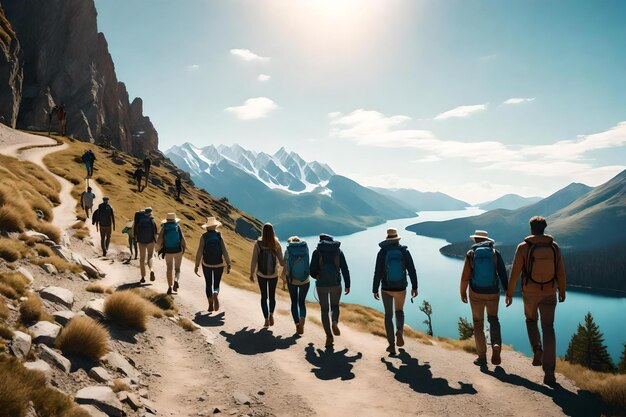 a group of people walking on a mountain trail