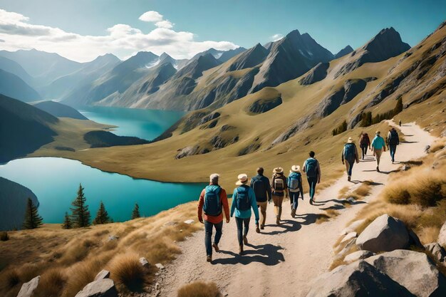 a group of people walking on a mountain trail