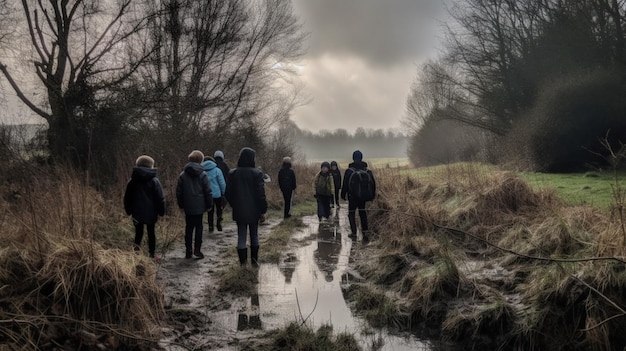 A group of people walking on a muddy path with the sky in the background