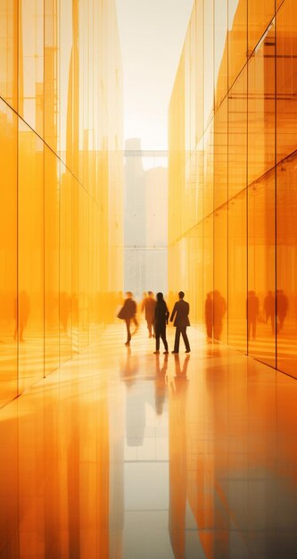 Photo a group of people walking in orange light