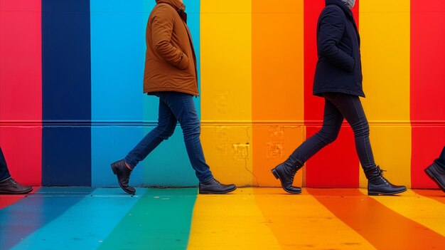 Group of People Walking Past Colorful Wall