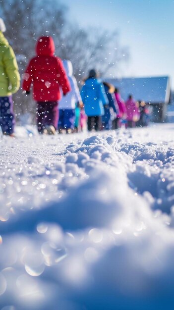 Photo a group of people walking in the snow