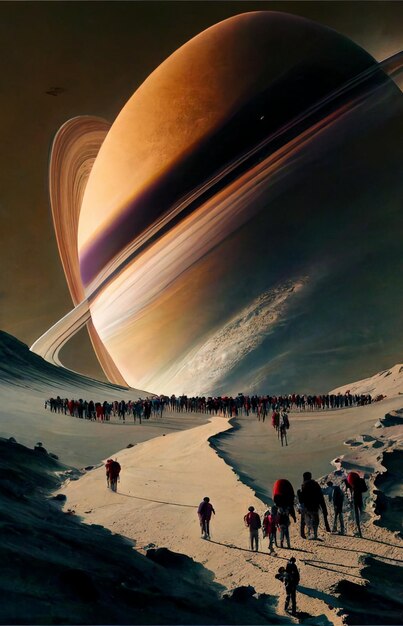 Группа людей, идущих по заснеженной горе с планетой на заднем плане, генерирующий искусственный интеллект