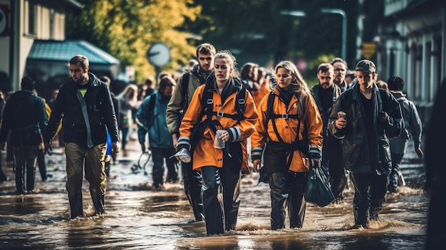 Photo a group of people walking through a flooded street generative ai image