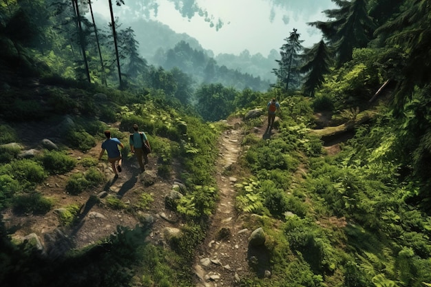 A group of people walking through a lush green forest Aerial view from above