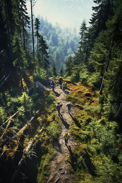 A group of people walking through a lush green forest Aerial view from above