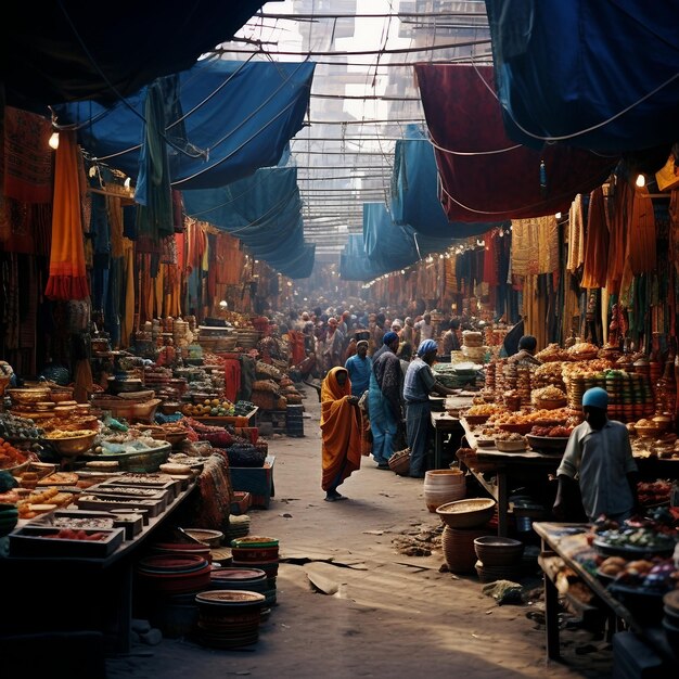 A group of people walking through a market