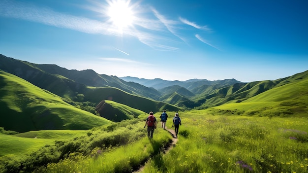 group of people walking at the top of the mountain at sunrise view