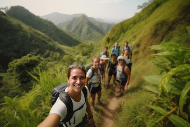 A group of people walking on a trail in the