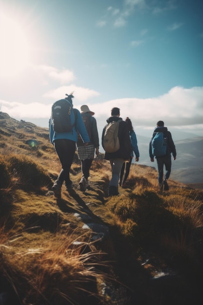 A group of people walking up a hill Generative AI image