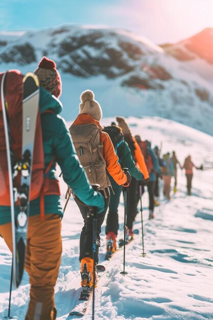 Foto un gruppo di persone che camminano su un pendio coperto di neve