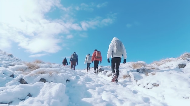 A group of people walking up a snowy hill in the snow.