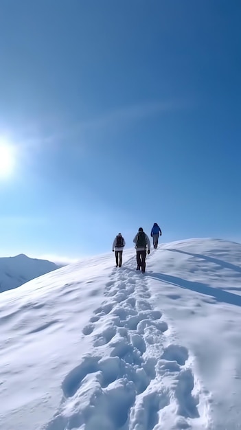 太陽が降り注ぐ中、雪山を歩く人々のグループ。