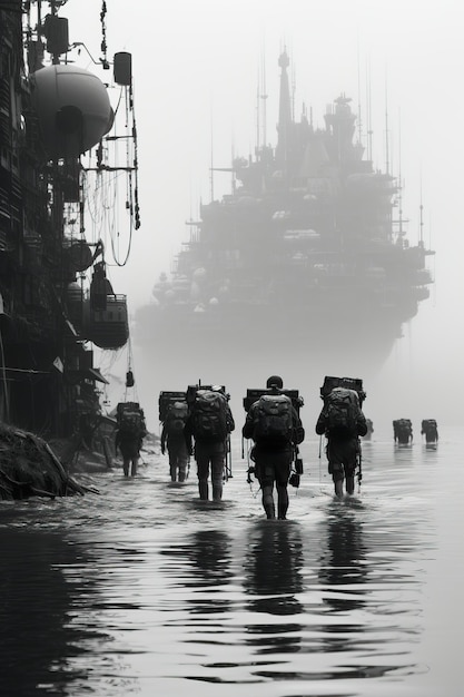 a group of people walking in water with a large ship in the background