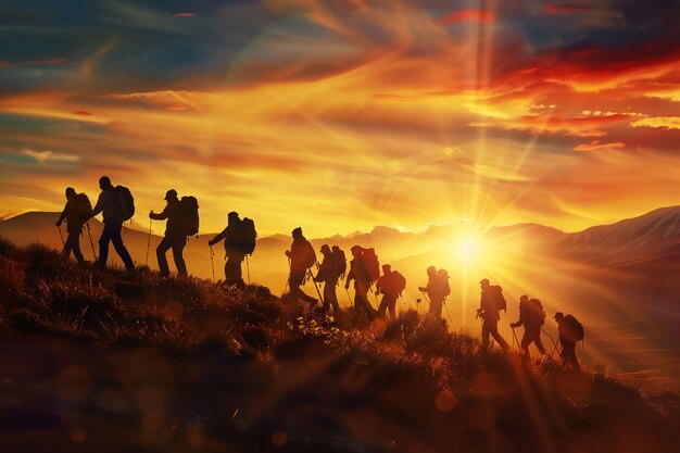 A group of people walks through the mountains at sunset