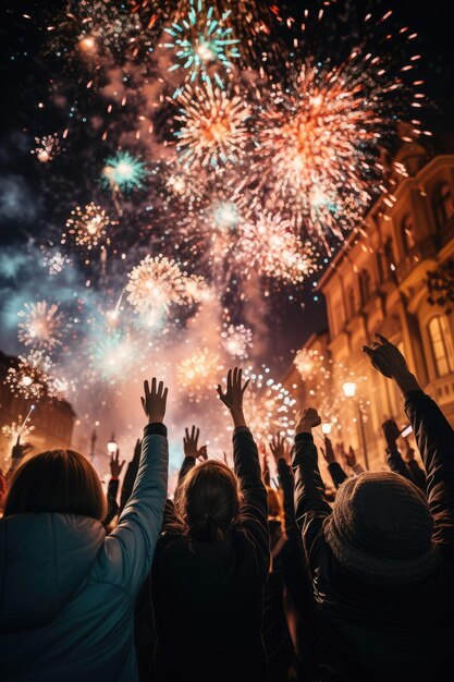 Group of people watching fireworks in the night sky New Year celebration