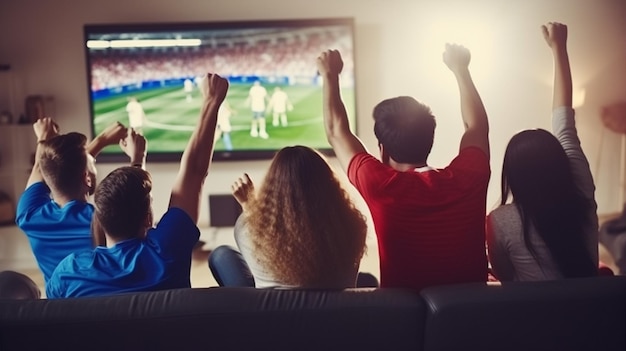 A group of people watching a soccer game on a tv