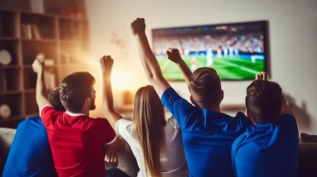 テレビでスポーツの試合を見ている人々のグループ