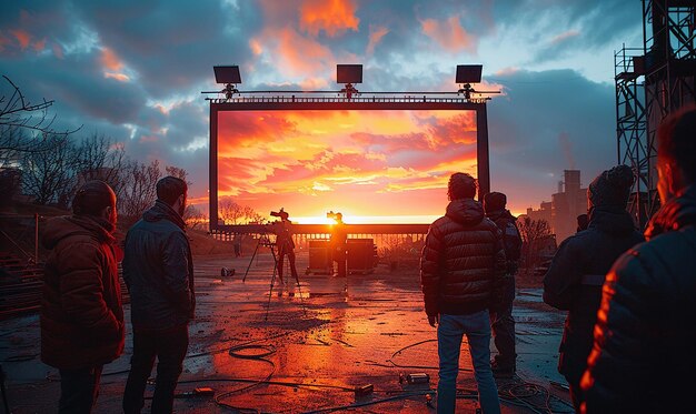 a group of people watching a sunset on a screen