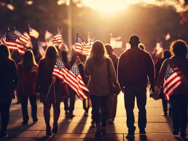 group of people waving american flags in back lit background