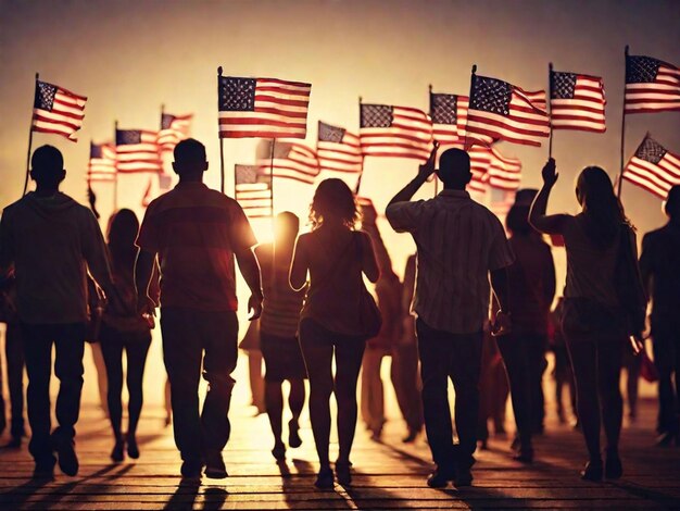 group of people waving american flags in back lit background