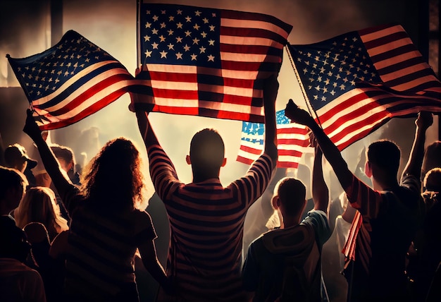 Photo group of people waving american flags in back lit generate ai