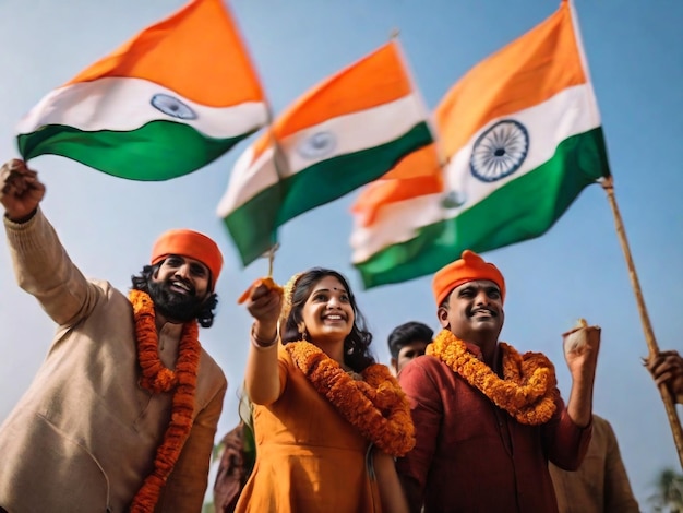 a group of people waving flags with the word  india  on them