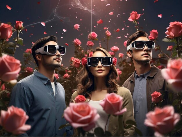 a group of people wearing 3d glasses in a field of flowers with petals