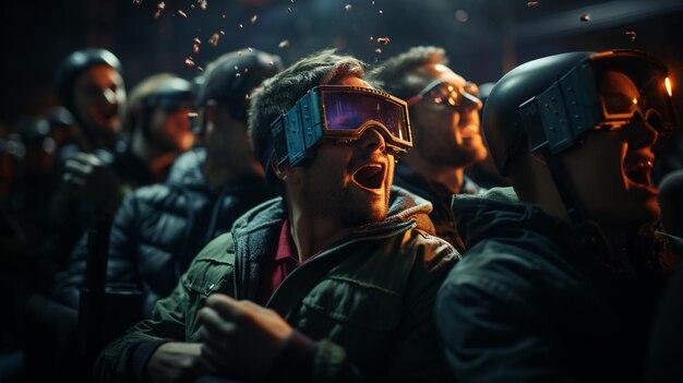 Group of people wearing 3dglasses watching a movie in cinema