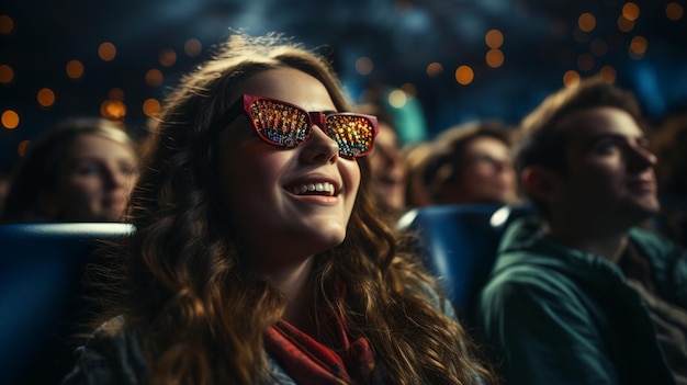 Group of people wearing 3dglasses watching a movie in cinema