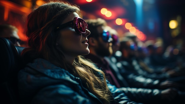 3d 안경을 착용 한 사람들이 영화관에서 영화를 보고 있습니다.