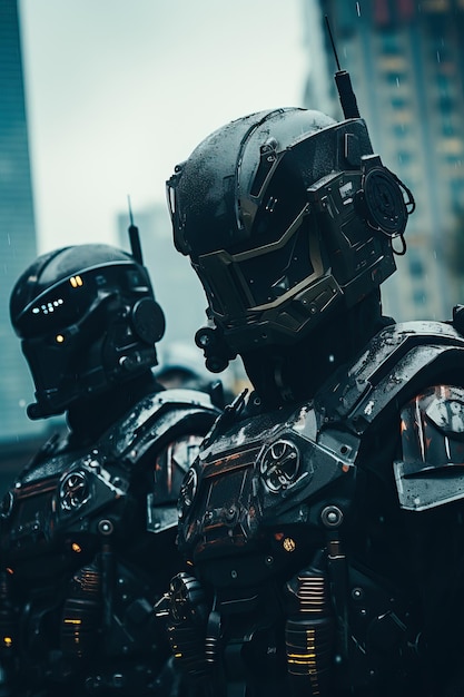 a group of people wearing black armor