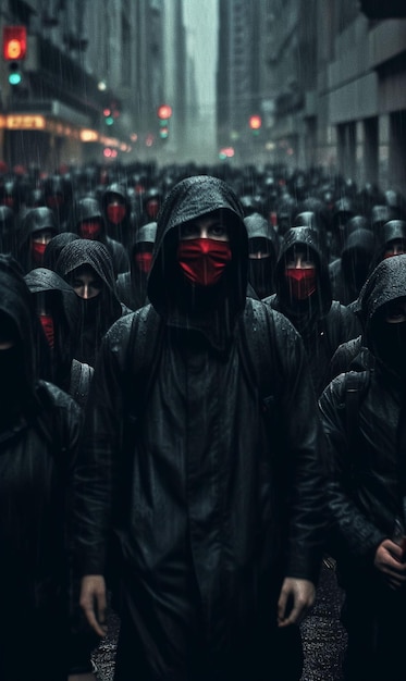 A group of people wearing black clothes and mask Generative Ai