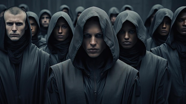 a group of people wearing black hoods