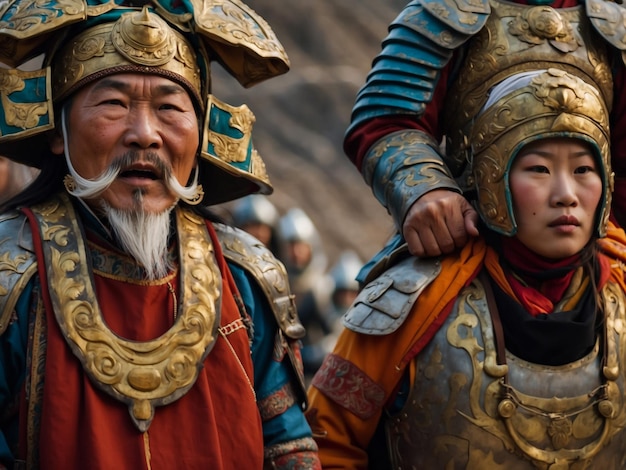 Photo a group of people wearing colorful costumes and one has a blue and gold headband