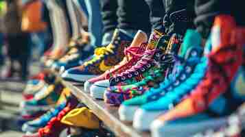 Photo a group of people wearing colorful shoes the shoes are all different styles colors and brands the people are standing on a wooden platform