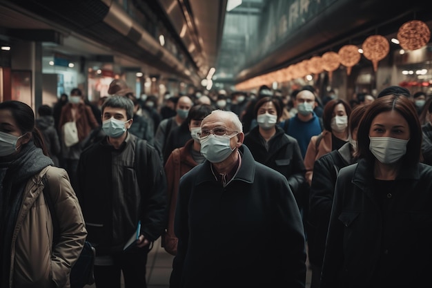 Group of people wearing face masks in a crowded area Generative AI