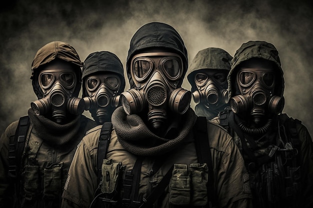 A group of people wearing gas masks stand in a dark room.