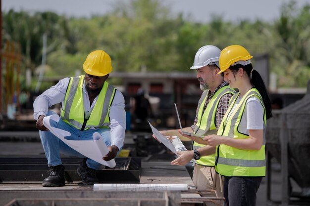 a group of people wearing hard hats are sitting on a construction site