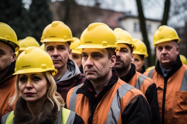 Foto gruppo di persone che indossano caschi rigidi nel nuovo stile scolastico di lipsia generato dall'ia