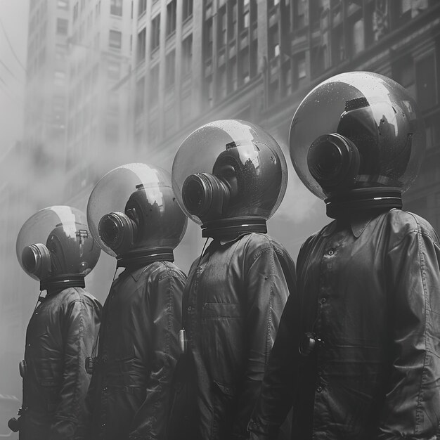 Photo a group of people wearing helmets and wearing helmets one of which has the word  no  on it