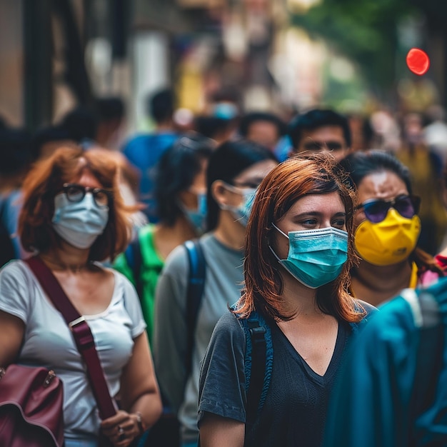 a group of people wearing masks and face masks walk down a street