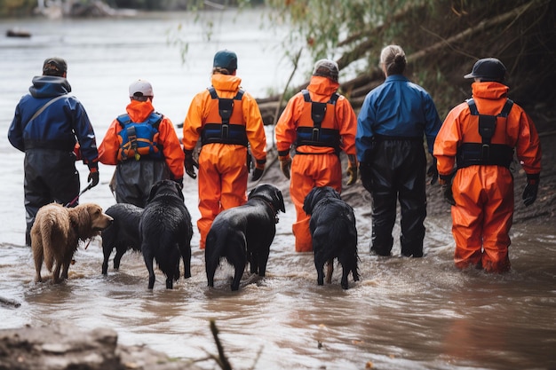 A group of people wearing orange and blue jackets walking with saved dogs Volunteers concept