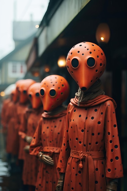 a group of people wearing orange masks