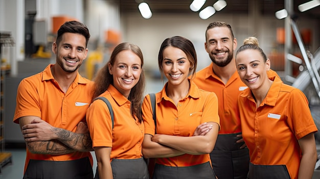 a group of people wearing orange shirts with the logo on the front