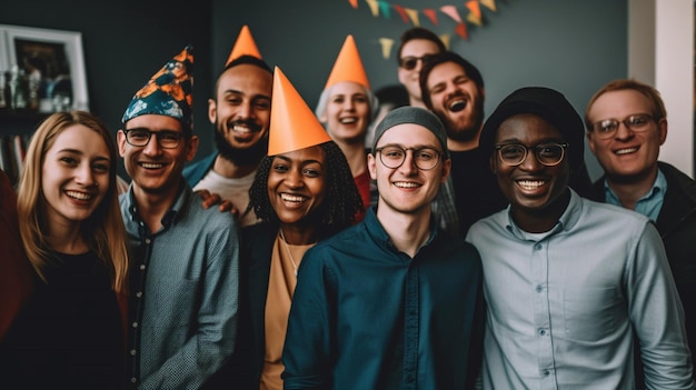 A group of people wearing party hats and smiling at the camera